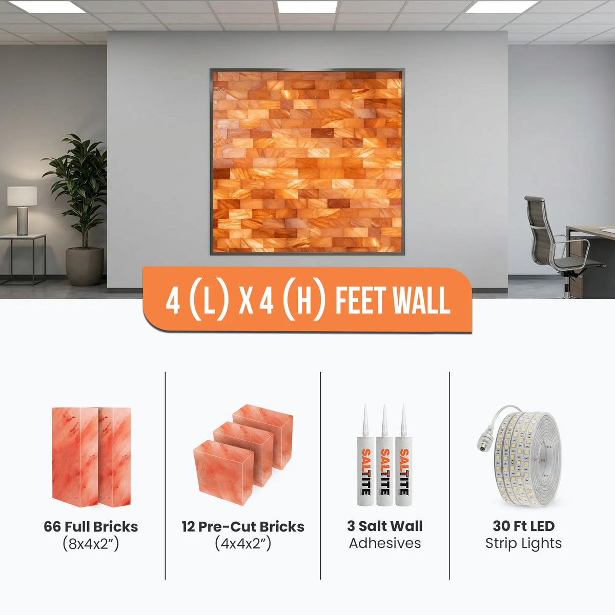 A wall-mounted orange salt brick lighting panel shown in a modern office interior, with text reading '4 (L) x 4 (H) FEET WALL' and smaller product callouts below listing 66 full bricks, 12 pre-cut bricks, 3 salt wall adhesives, and 30 ft LED strip lights.