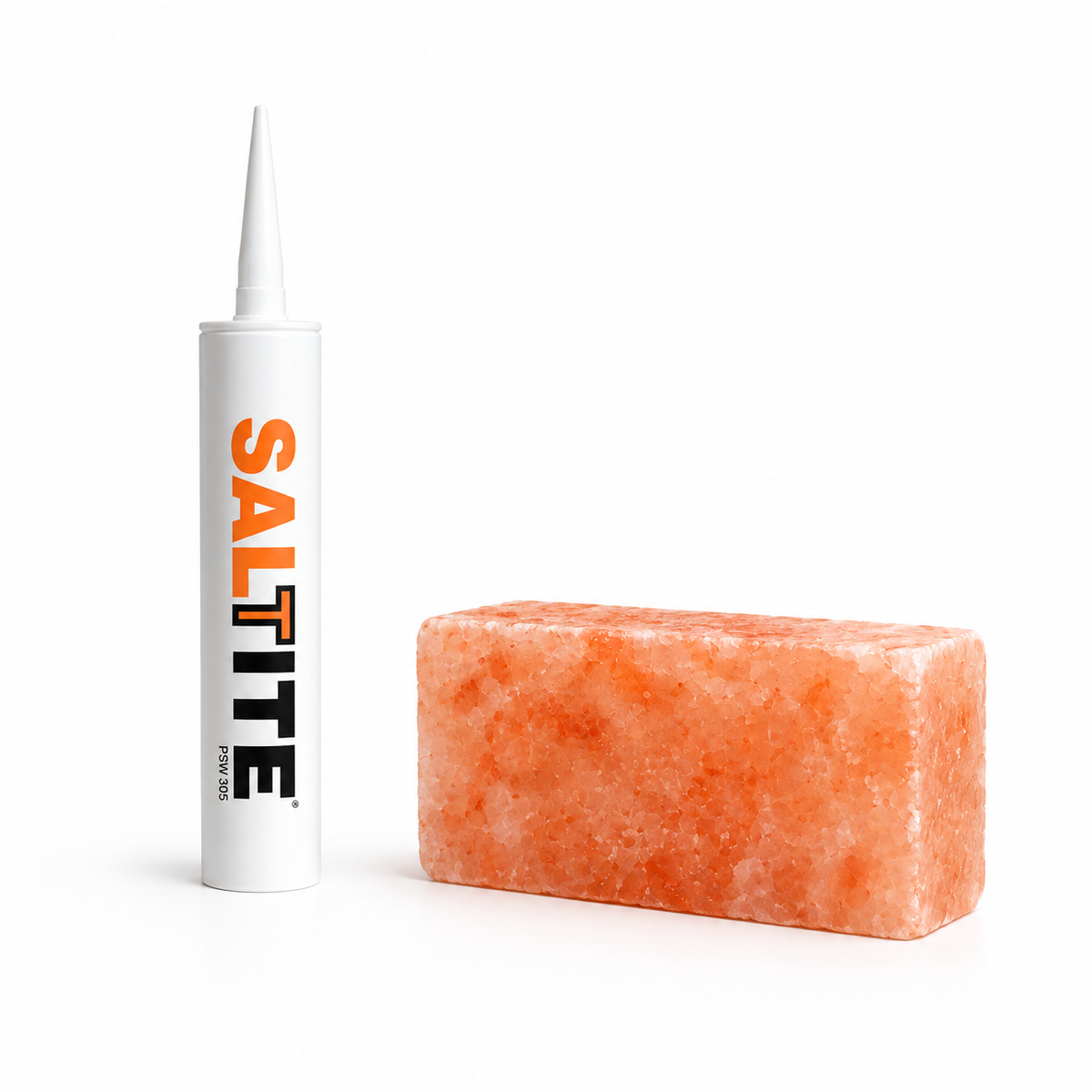 Saltite adhesive tube beside a Himalayan salt brick