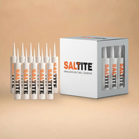 A box of SALTITE Himalayan salt wall adhesive with several white squeeze tubes arranged in front on a warm beige background.